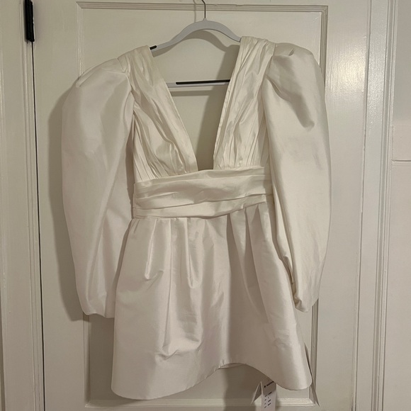 NWT Watters Meringue Radiant Taffeta V-Neck Balloon-Sleeve Mini Dress - Picture 4 of 7